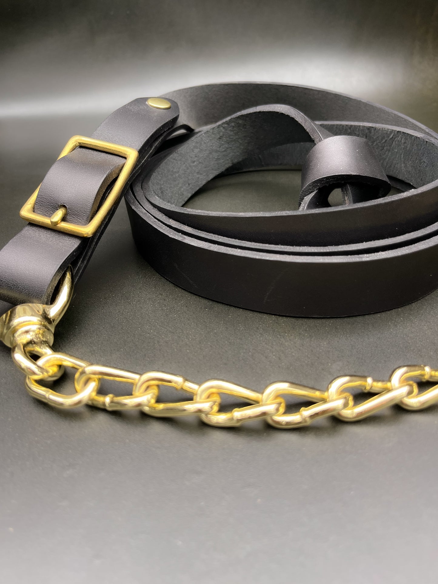 Black Leather Horse Lead Shank with Gold-Plated Chain & Brass Clip –Dual Attachment Lead Rope (Copy)