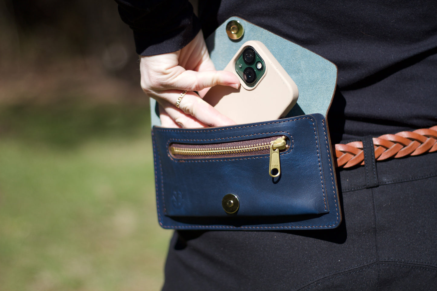 Blue Leather Belt Bag – Equestrian Phone Holder for Riding & Everyday Wear