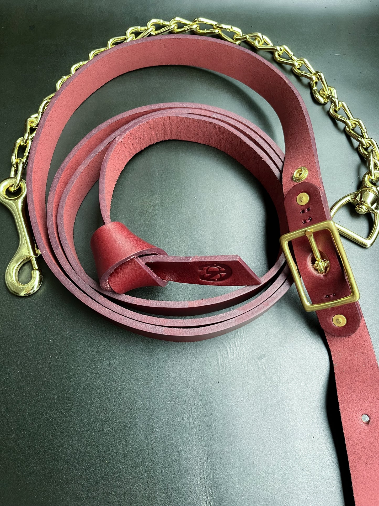 Burgundy Leather Horse Lead Shank with Gold-Plated Chain & Brass Clip – Dual Attachment Lead Rope