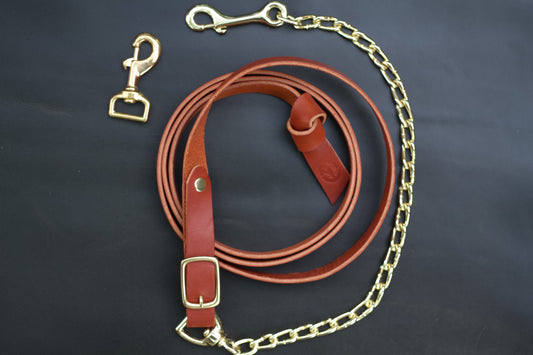 Cognac Leather Horse Lead Shank with Gold-Plated Chain & Brass Clip – Dual Attachment Lead Rope