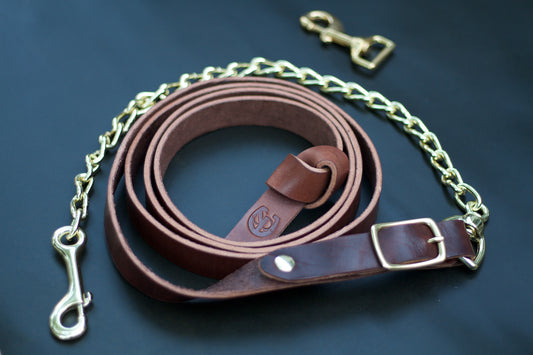 Brown Leather Horse Lead Shank with Gold-Plated Chain & Brass Clip – Dual Attachment Lead Rope