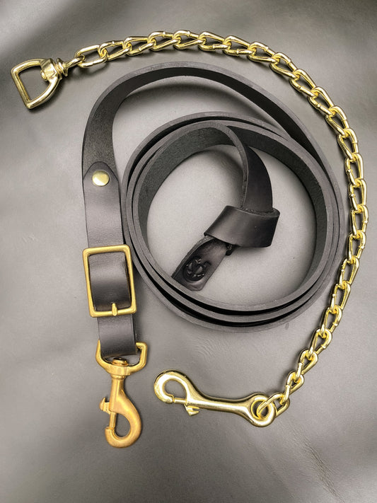 Black Leather Horse Lead Shank with Gold-Plated Chain & Brass Clip –Dual Attachment Lead Rope (Copy)