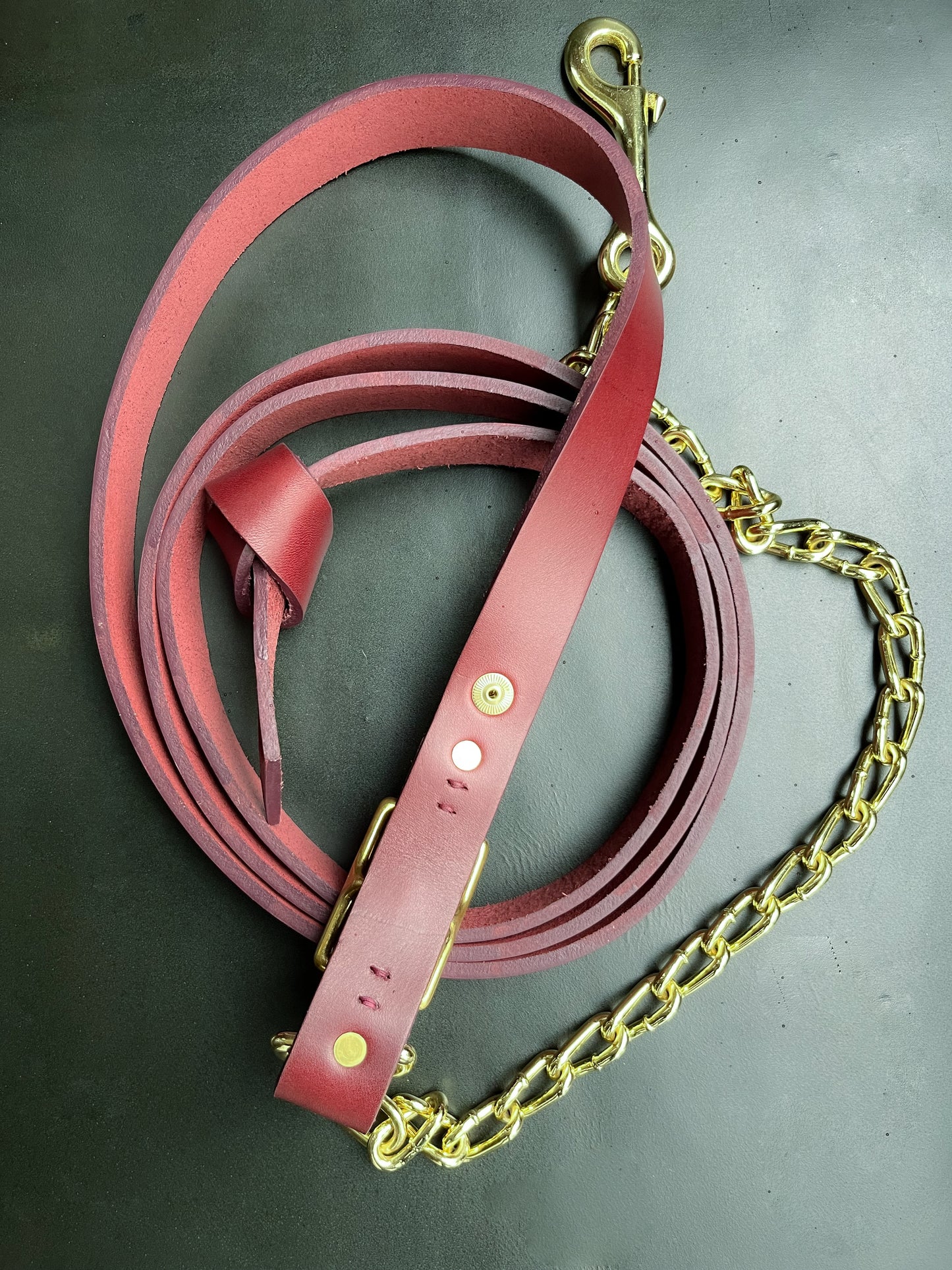 Burgundy Leather Horse Lead Shank with Gold-Plated Chain & Brass Clip – Dual Attachment Lead Rope