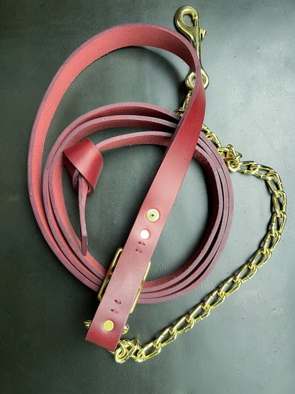 Burgundy Leather Horse Lead Shank with Gold-Plated Chain & Brass Clip – Dual Attachment Lead Rope