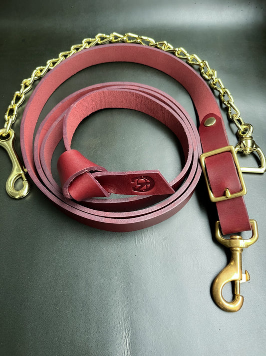 Burgundy Leather Horse Lead Shank with Gold-Plated Chain & Brass Clip – Dual Attachment Lead Rope