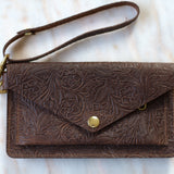 Brown Floral Leather Belt Bag Wristlet