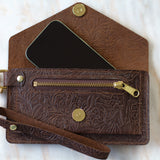Brown Floral Leather Belt Bag Wristlet