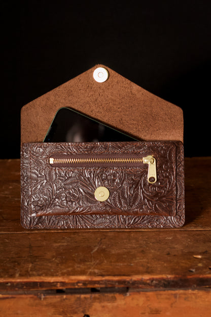 Brown Floral Leather Belt Bag – Equestrian Phone Holder for Riding & Everyday Wear