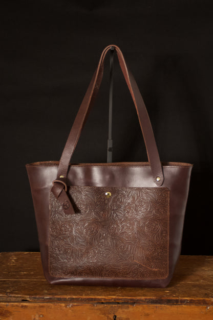 Brown Floral Leather Tote Bag