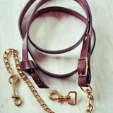 Longe en cuir cognac avec chaîne plaquée or et clip en laiton – Double attache