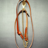 Longe en cuir cognac avec chaîne plaquée or et clip en laiton – Double attache