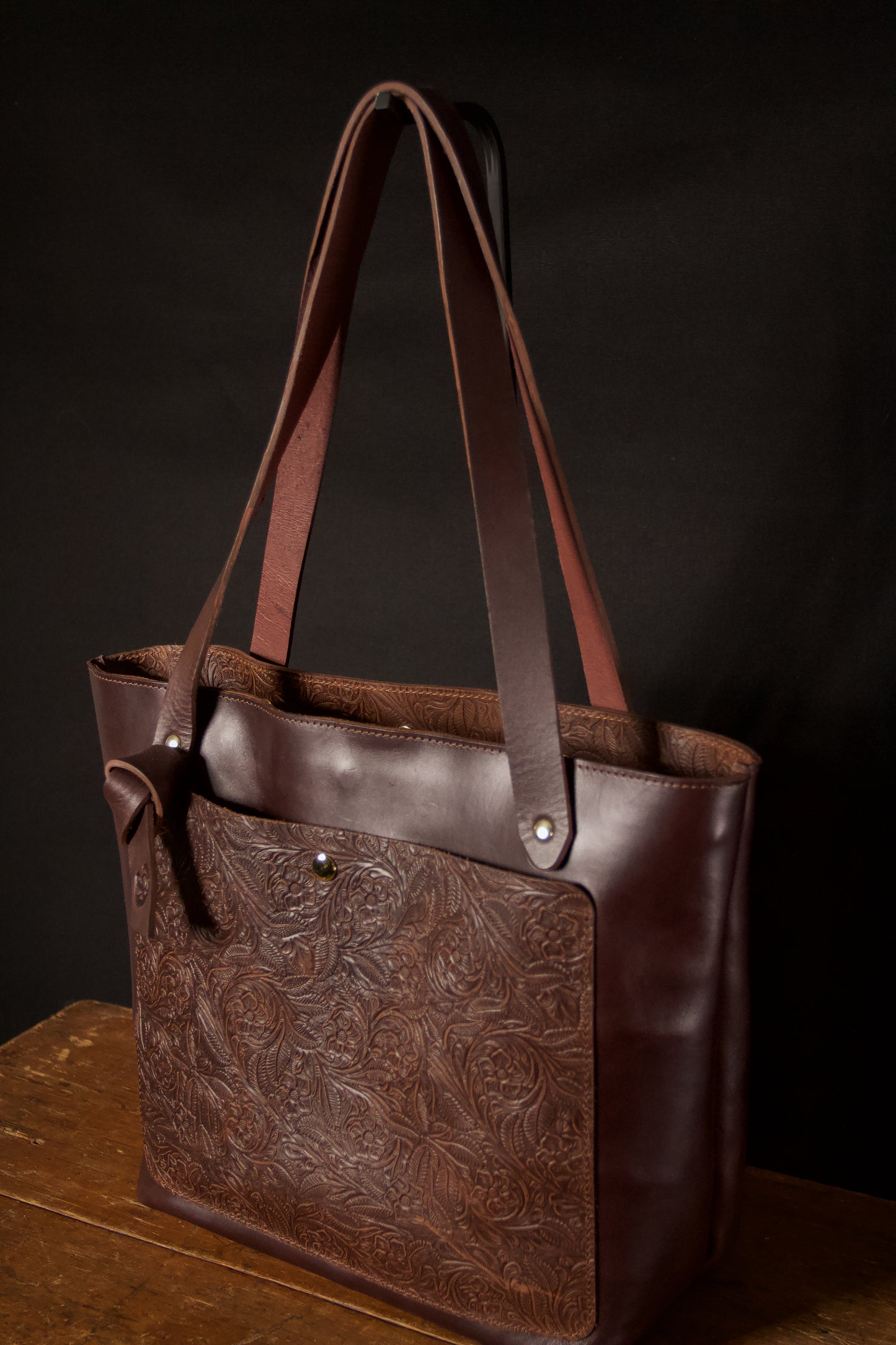 Brown Floral Leather Tote Bag